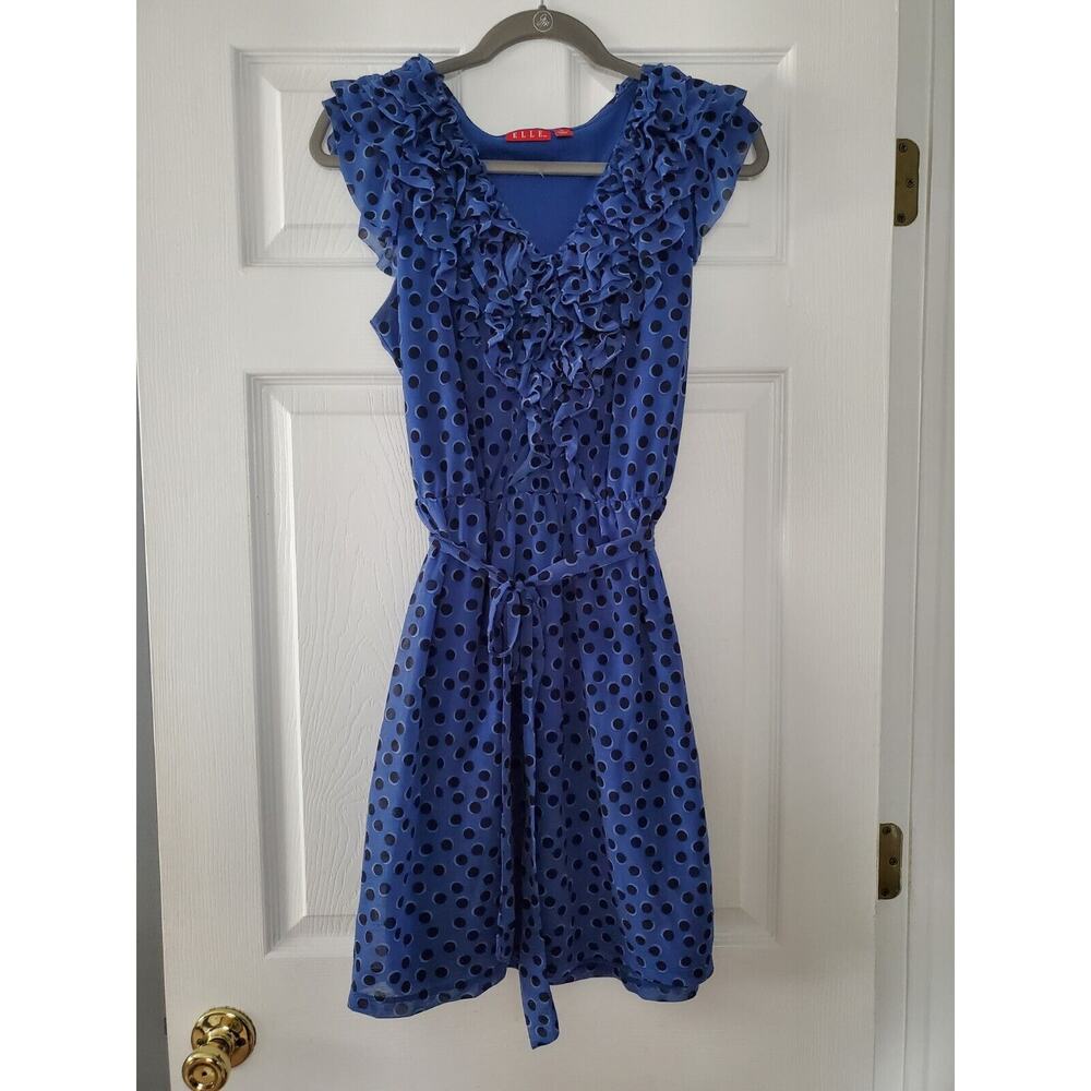 ELLE size medium blue & black ruffled and polka dotted sleeveless‎ dress